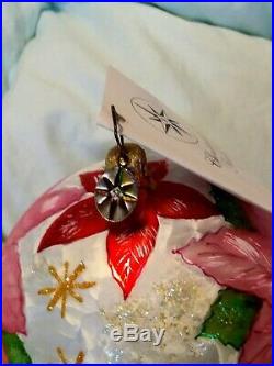 1011554 Christopher Radko Ruby Star Poinsettia Blwn Glass Christmas Ornament NWT