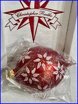 1997 Radko POINSETTIA SNOW SEALED Red Ball Drop Ornament 7x4 Large NIBWT Mint