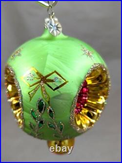 2002 Christopher Radko Ice Ball Beauty Green & Gold 5 Glass Christmas Ornament