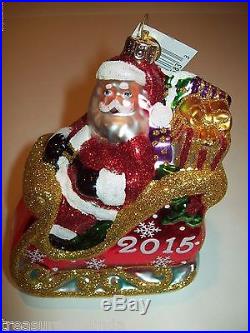 2015 CHRISTOPHER RADKO SANTA IN SLEIGH CHRISTMAS TREE ORNAMENT 5 GLASS DATED