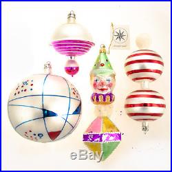 4 Christopher Radko Christmas Ornaments Rare Hand-Painted Glass Clown, Stripes