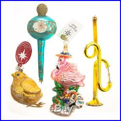4 Christopher Radko Rare Christmas Ornaments Chick, Reflector, Flamingo, Trumpet