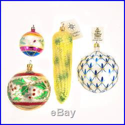 4 Christopher Radko Rare Hand-Painted Christmas Ornaments Holly, Corn, Flowers