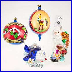 4 Christopher Radko Rare Hand Painted Christmas Ornaments Rooster, Plane, Santa