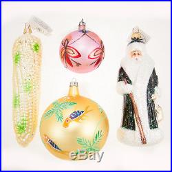 4 Christopher Radko Rare Painted Glass Christmas Ornaments Corn, Fish, Santa