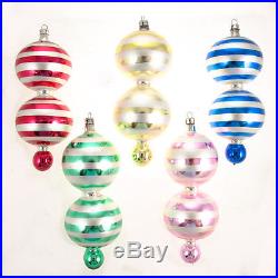 5 Pc Set Christopher Radko Rare Glass Christmas Ornaments Double Round Striped