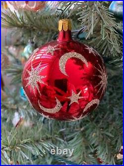 CHRISTOPHER RADKO CELESTIAL RED WithGOLD STARS & MOONS BALL CHRISTMAS ORNAMENT