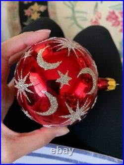 CHRISTOPHER RADKO CELESTIAL RED WithGOLD STARS & MOONS BALL CHRISTMAS ORNAMENT