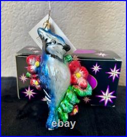 CHRISTOPHER RADKO RARE BLUE JAY WAY BLUE BIRD With FLOWER CHRISTMAS ORNAMENT 2003