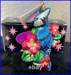 CHRISTOPHER RADKO RARE BLUE JAY WAY BLUE BIRD With FLOWER CHRISTMAS ORNAMENT 2003