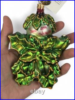 Christopher Radko 2002 Green Holly Jean Ornament Retro Ivy Leaf Snowman Rare