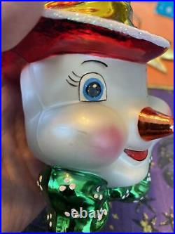 Christopher Radko 7 Glass Ornament Frosty Snowman WithCandy Cane Hat Orig Box