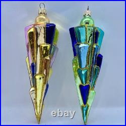 Christopher Radko 8 ICE DECO Ornament PAIR Rare Blue & Gold 98-393-0