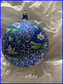 Christopher Radko Blown Glass Ornament Blue And Silver Ball With Flower 1990s