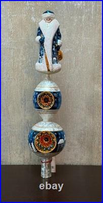 Christopher Radko Blue Santa Finial Tree Topper. Hand-Blown Glass. 17