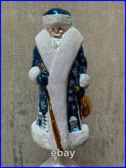 Christopher Radko Blue Santa Finial Tree Topper. Hand-Blown Glass. 17