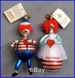Christopher Radko Christmas Ornaments Raggedy Ann & Andy Hearts and Stripes Tags