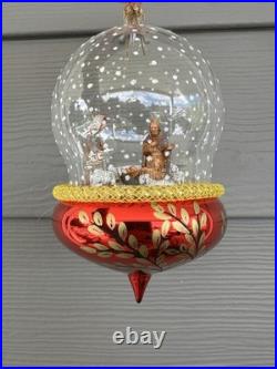 Christopher Radko Glass Dome Nativity Ornament Holy Family Red Gold Leaf Base