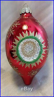 Christopher Radko Glass Ornament Snowflakes Red Indented Reflector Blown Large