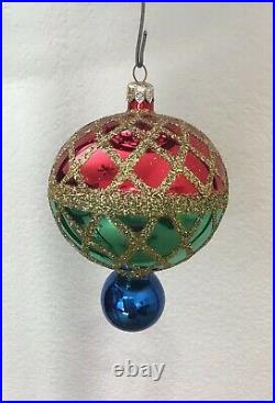 Christopher Radko Gold Glitter Green and Red Harlequin Glass Ball Drop Ornament