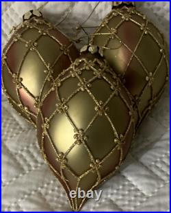Christopher Radko Gold Pink Glass Teardrop Ornaments Lattice Christmas Set