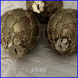 Christopher Radko Gold Pink Glass Teardrop Ornaments Lattice Christmas Set