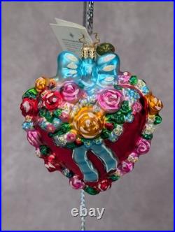 Christopher Radko Heart Blossoms Christmas Ornament 4.5 Flowers Bow Valentines
