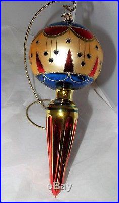 Christopher Radko Large Reflector Drop Christmas Ornament Red Blue Gold with Box
