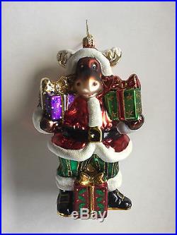 Christopher Radko Moose Santa & presents Hand Made Glass Christmas Tree Ornament