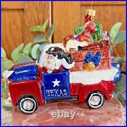 Christopher Radko Old Texas Pick Up Truck with Present Texas Santa Ornament 5x4.5