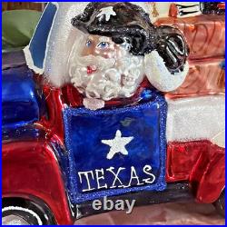 Christopher Radko Old Texas Pick Up Truck with Present Texas Santa Ornament 5x4.5