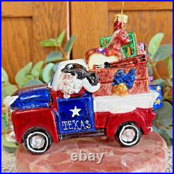 Christopher Radko Old Texas Pick Up Truck with Present Texas Santa Ornament 5x4.5