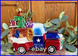 Christopher Radko Old Texas Pick Up Truck with Present Texas Santa Ornament 5x4.5