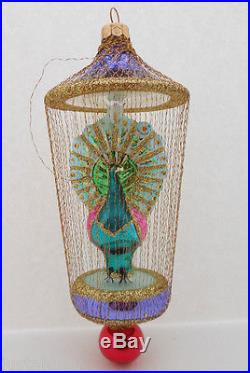 Christopher Radko Ornament Hand Blown Glass Peacock Tinsel Cage Figural Colorful