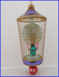 Christopher Radko Ornament Hand Blown Glass Peacock Tinsel Cage Figural Colorful