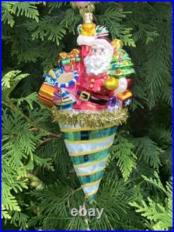 Christopher Radko Santa Claus in A Tinsel Cone Ornament Presents Tree Toys Drum