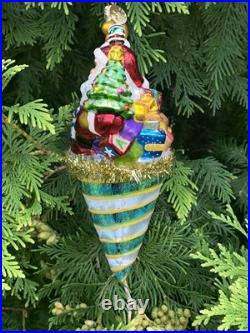 Christopher Radko Santa Claus in A Tinsel Cone Ornament Presents Tree Toys Drum