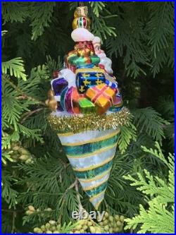 Christopher Radko Santa Claus in A Tinsel Cone Ornament Presents Tree Toys Drum