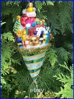 Christopher Radko Santa Claus in A Tinsel Cone Ornament Presents Tree Toys Drum