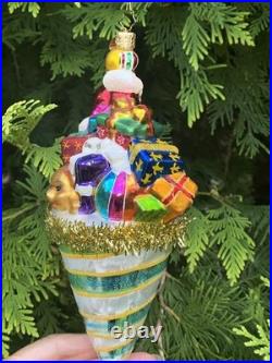 Christopher Radko Santa Claus in A Tinsel Cone Ornament Presents Tree Toys Drum