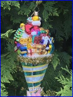 Christopher Radko Santa Claus in A Tinsel Cone Ornament Presents Tree Toys Drum