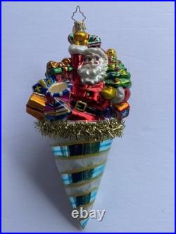 Christopher Radko Santa Claus in A Tinsel Cone Ornament Presents Tree Toys Drum