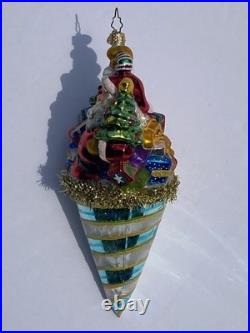 Christopher Radko Santa Claus in A Tinsel Cone Ornament Presents Tree Toys Drum