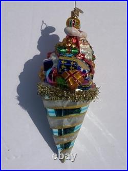 Christopher Radko Santa Claus in A Tinsel Cone Ornament Presents Tree Toys Drum