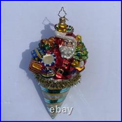 Christopher Radko Santa Claus in A Tinsel Cone Ornament Presents Tree Toys Drum