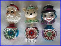 Christopher Radko Shiny Brite Indent Ornaments Set Reindeer Snowman Santa Rare