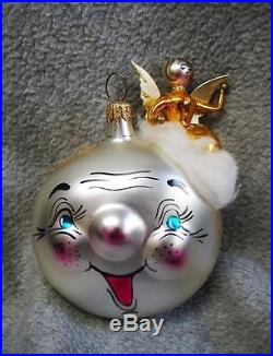 Christopher Radko Smiley Happy Face withAngel On Top Glass Ornament MINT