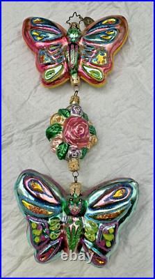 Christopher Radko Two Butterflies And A Rose Glass Triple Ornament 8 Long