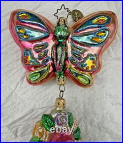 Christopher Radko Two Butterflies And A Rose Glass Triple Ornament 8 Long