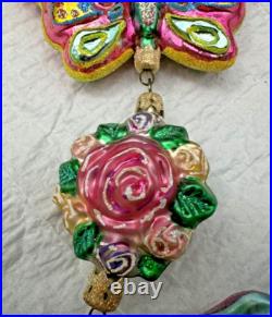 Christopher Radko Two Butterflies And A Rose Glass Triple Ornament 8 Long